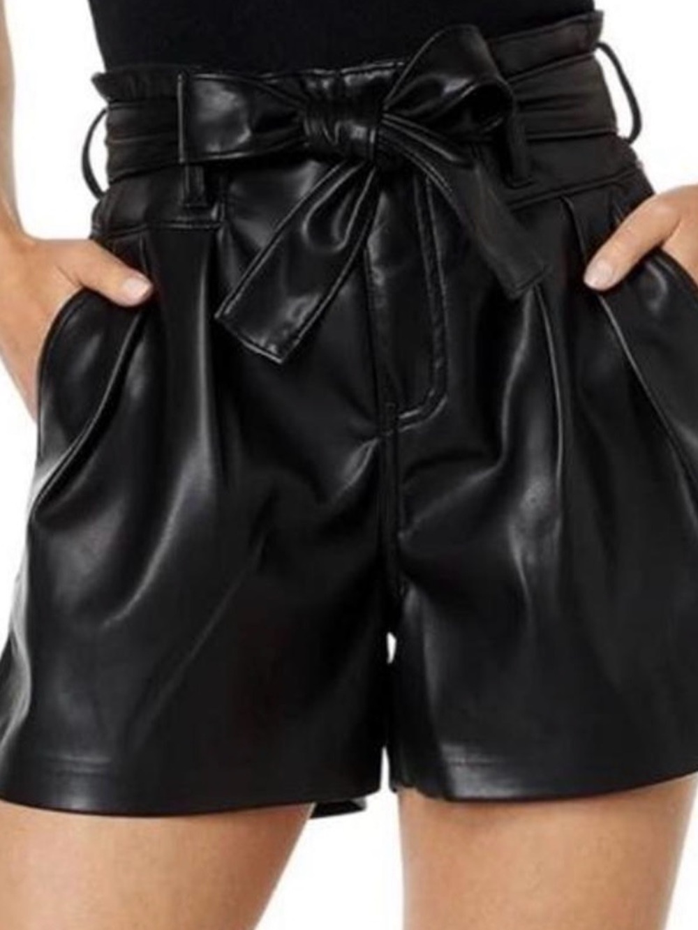 Blank NYC Black Faux Leather Paperbag Waist Tie Shorts